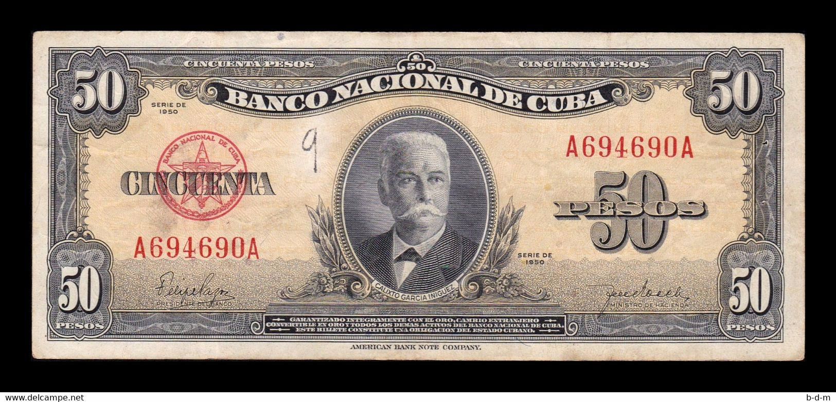 Cuba 50 Pesos Calixto García Iñiguez 1950 Pick 81a T. 690 BC F - Cuba