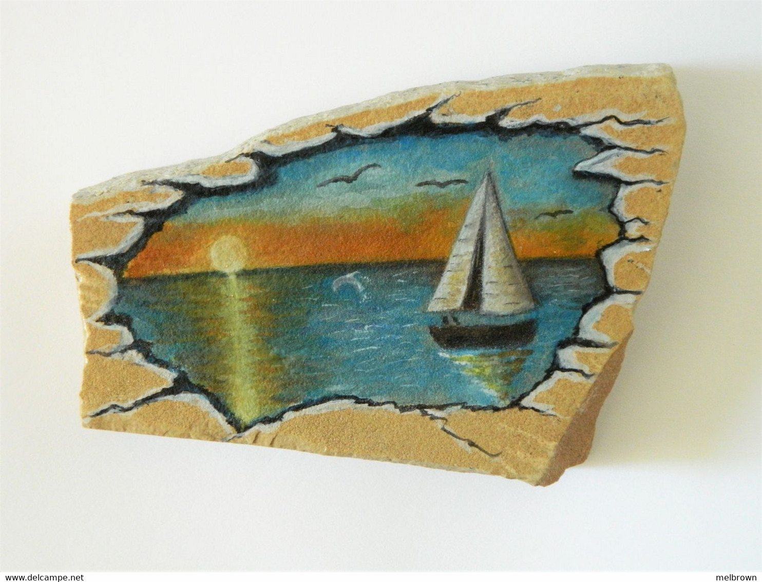 Yacht In The Sunset Hand Painted On A Spanish Tosca Stone Paperweight - Fermacarte