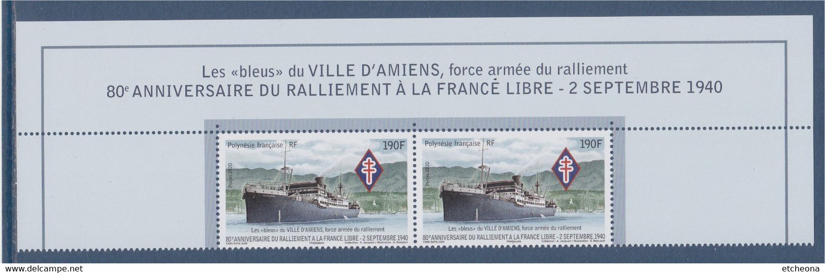 80ème Anniversiare Ralliement à La France Libre Les "bleus" Du Ville D'Amiens Neuf 190F = 1.59€ Paire Haut De Feuillet - Neufs