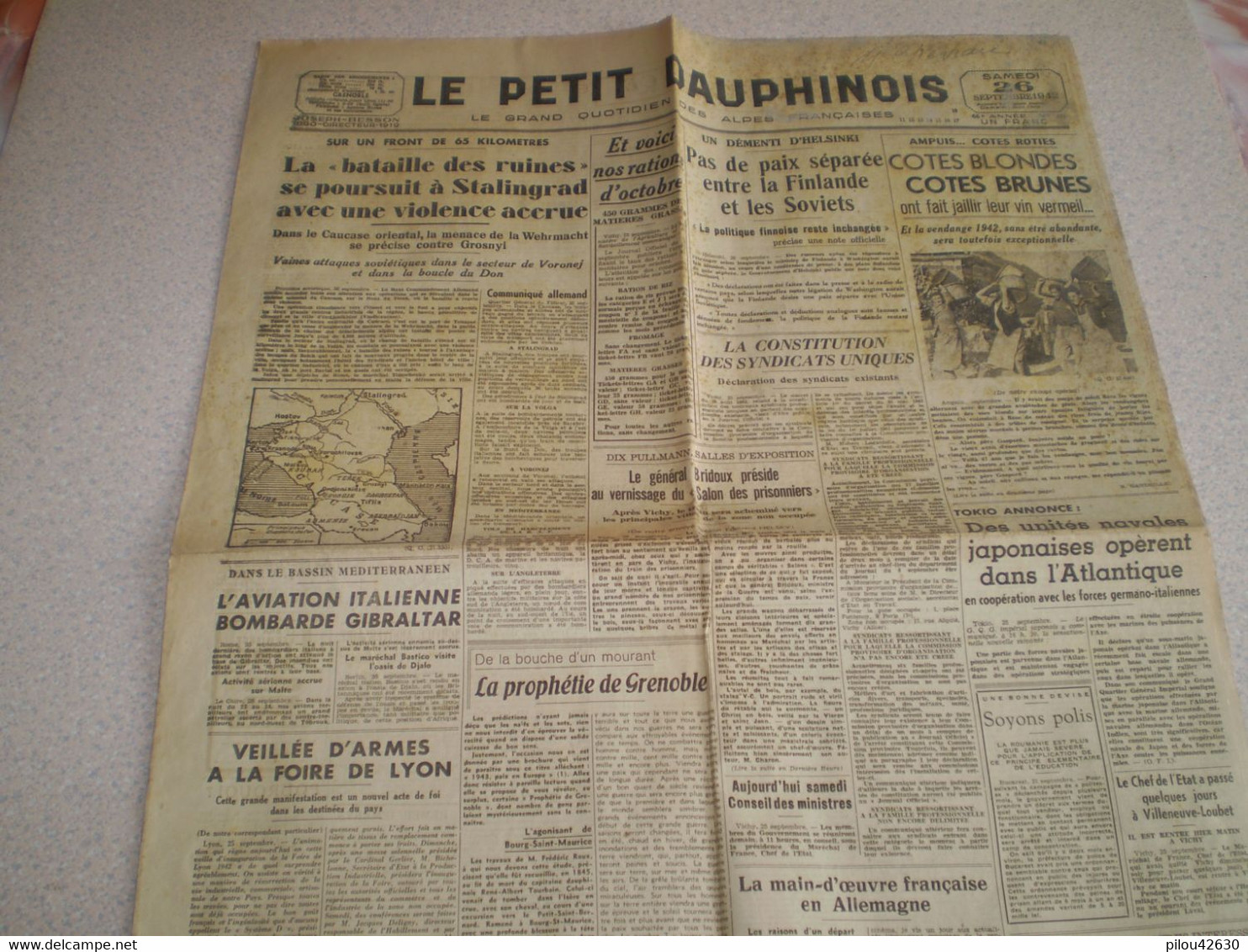 Journal Le Petit Dauphinois 1942; Laval à Vichy; Bataille De Stalingrad; Vendanges Ampuis Côtes Roties; Actu Régionales - Otros & Sin Clasificación