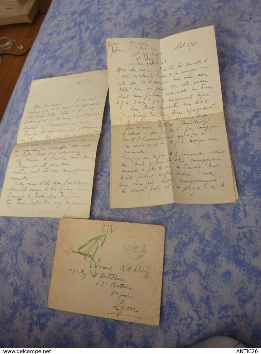 CORRESPONDANCE MILITAIRE 2 LETTRES MANUSCRITES SERGENT BLESSE NOEL 1914 FEVRIER 1915 54 REGIMENT D'ARTILLERIE LYON - 1914-18