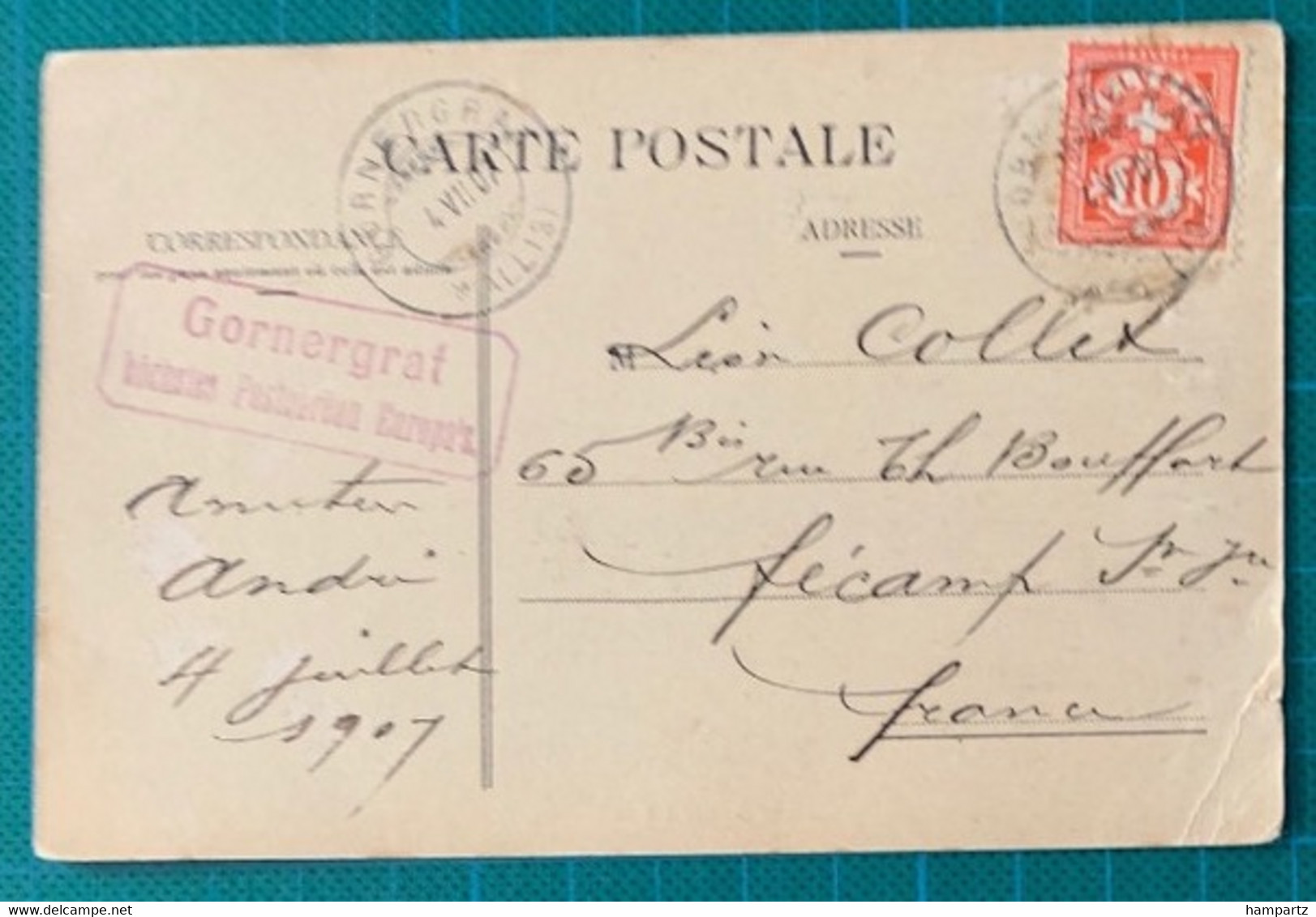 Suisse - Valais - N°Z 83 - Cas Gornergrat 1907 + Cachet "le Plus Haut Bureau De Poste D 'Europe" - CP Avec Pli à Droite - Other & Unclassified
