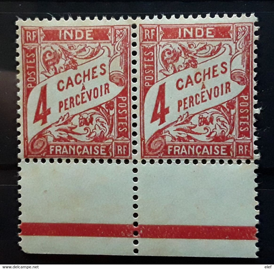 INDE FRANÇAISE 1929 TAXE, Type DUVAL,  Paire Yvert No 12, 4 Ca Rouge Bord De Feuille Neuf ** MNH, TTB - Unused Stamps
