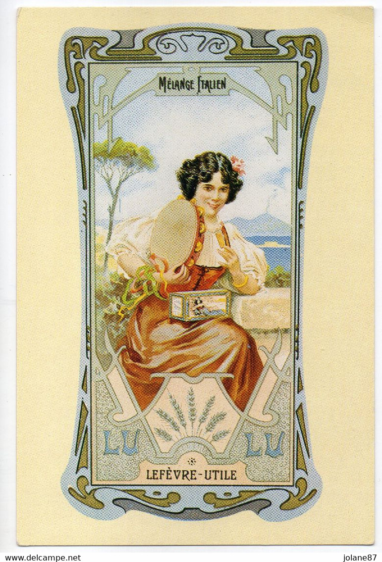 CPM    PUBLICITE  LEFEVRE UTILE MELANGE ITALIEN   -  STYLE ART NOUVEAU -   BISCUITS LU     -  FEMME AVEC BOITE - Reclame