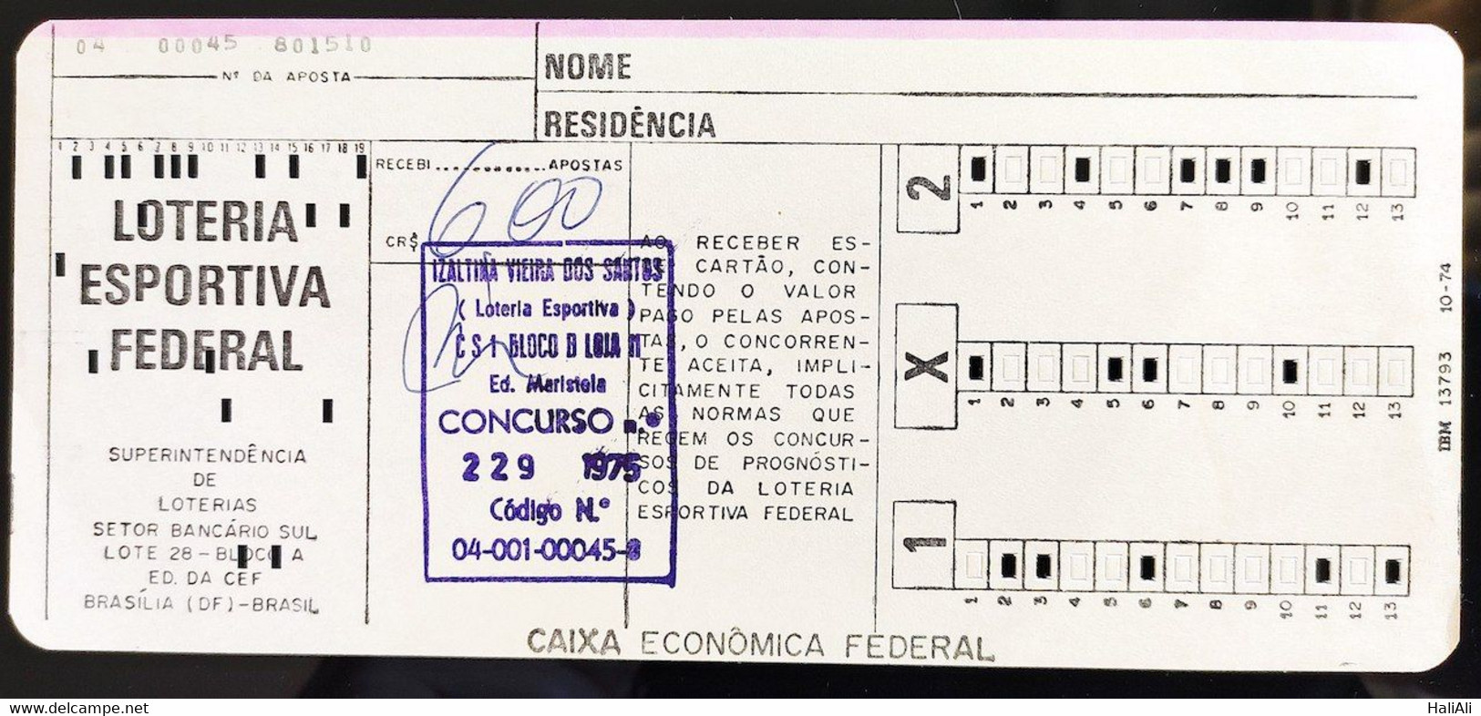 Brazil Cartão Loteria Esportiva Federal Concurso 229 1975 Lottery Ticket - Other & Unclassified