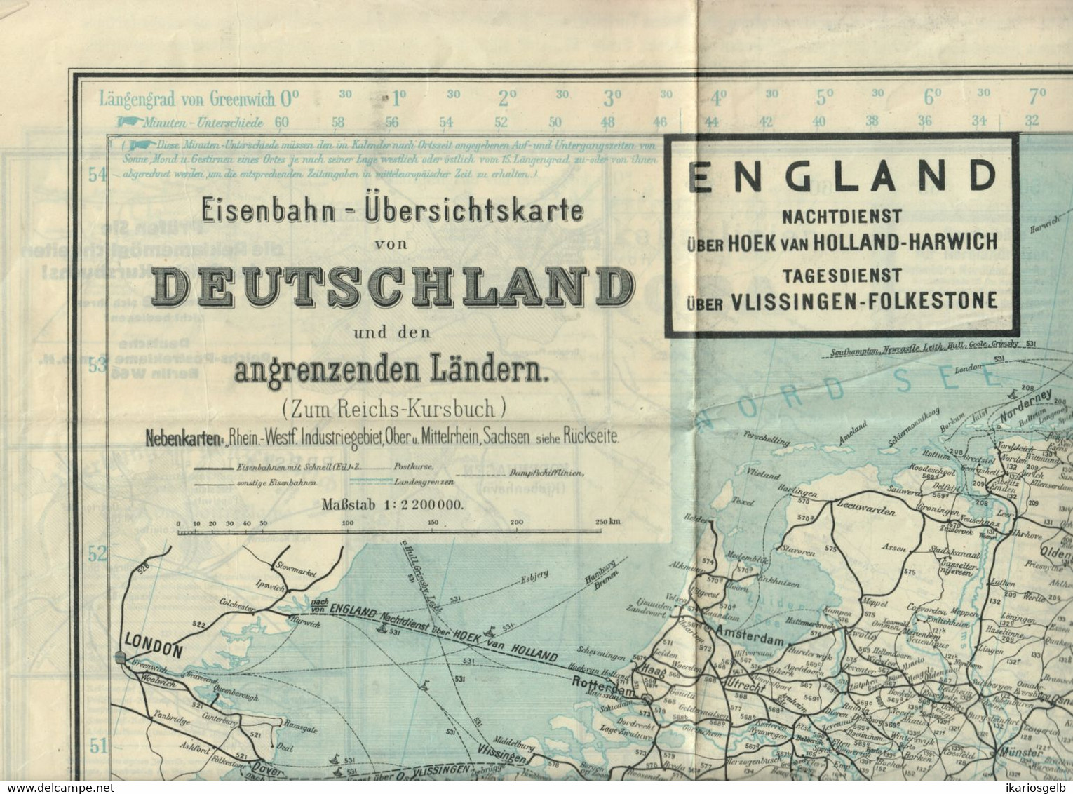 Topographie Landkarte Vor 1938 1:2.200.000 " Eisenbahn-Übersichtskarte Deutschland U Angr.Länder " Reichspostministerium - Mapas Topográficas