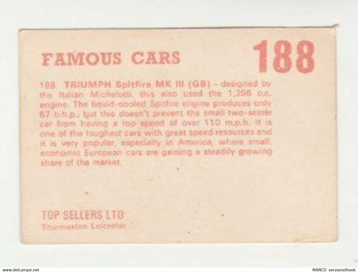 Famous Cars 188. Truimph Spitfire England (GB) - Other & Unclassified