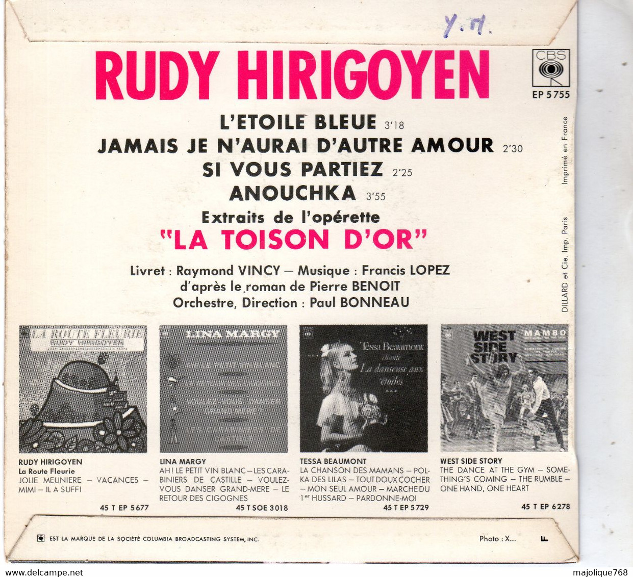 Disque - Rudy Hirigoyen - "la Toison D'or - CBS EP 5755 - France 1966 - - Clásica