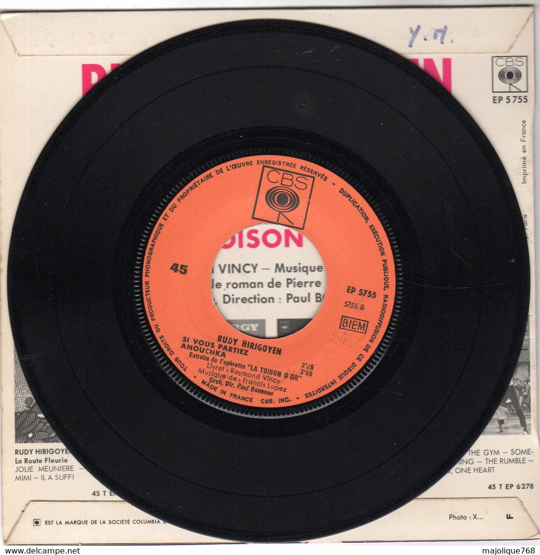 Disque - Rudy Hirigoyen - "la Toison D'or - CBS EP 5755 - France 1966 - - Classique