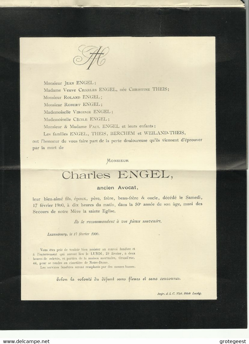 2c. ADOLPHE Obl. Dc LUXEMBOURG-VILLE Sur Faire-part De Deuil (Charles ENGEL Avocat) Le 17-02-1900 Vers Birtrange  - 1627 - 1895 Adolphe Profil