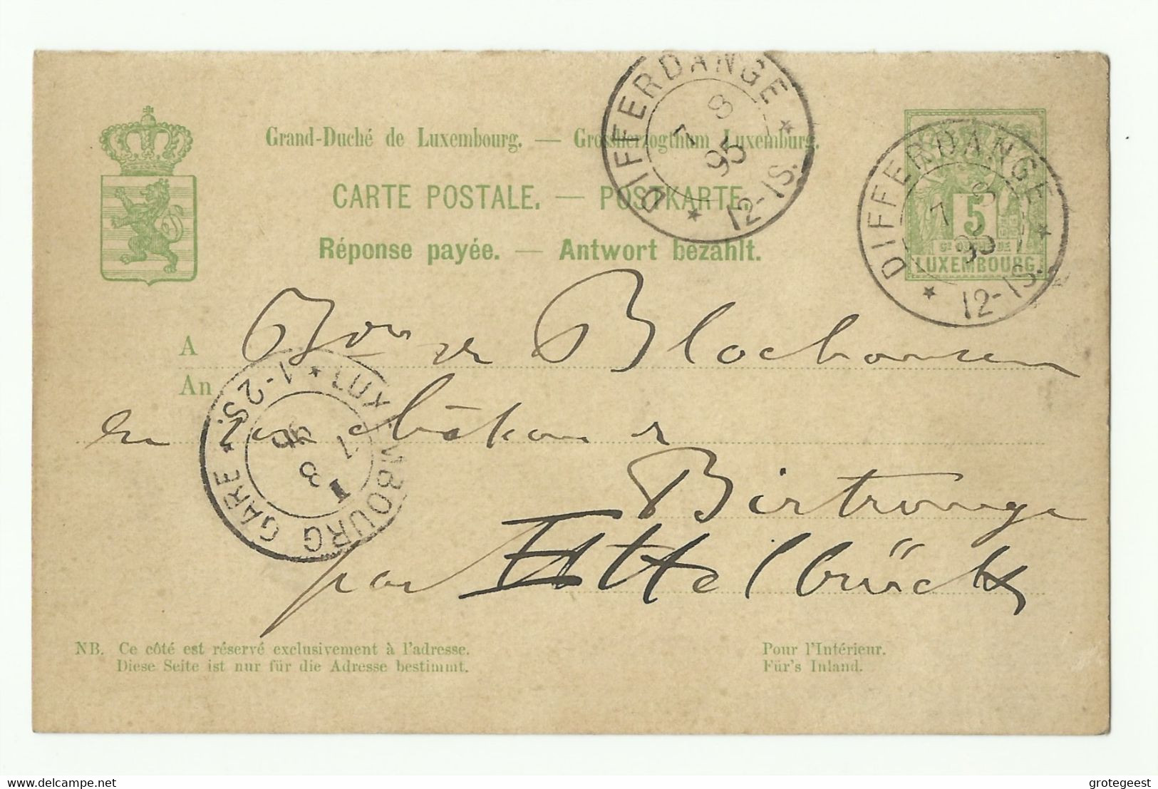 EP Carte 5c. Vert, Obl. Dc DIFFERDANGE 7-8-1895 Vers Ettelbruck. - 16273 - Interi Postali