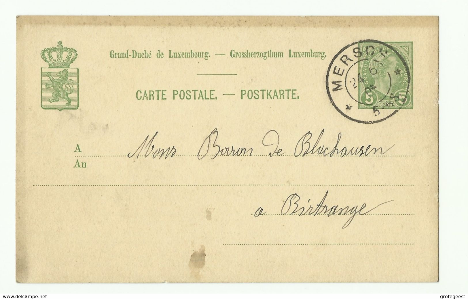 E.P. Carte 5 Centimes Obl. Dc MERSCH Du 24/06/1905  Vers Birtrange - 16275 - Interi Postali