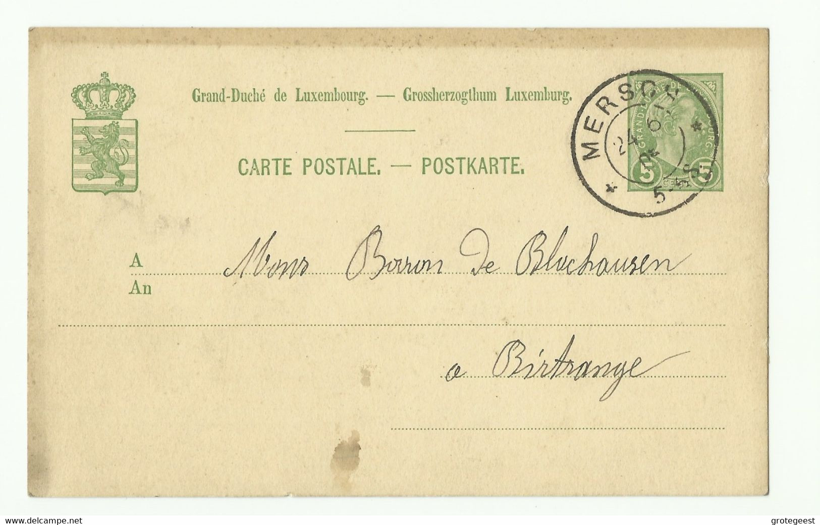 E.P. Carte 5 Centimes Obl. Dc MERSCH Du 24/06/1905  Vers Birtrange - 16275 - Ganzsachen