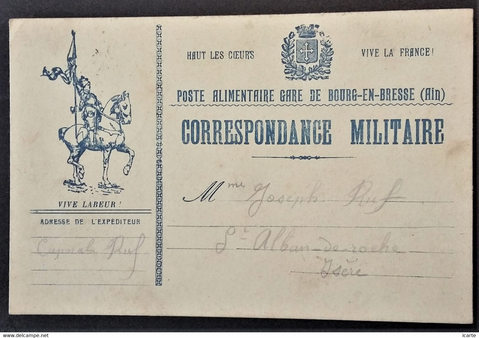 Carte De Franchise Militaire Illustrée JEANNE D'ARC POSTE ALIMENTAIRE GARE DE BOURG-EN-BRESSE 1915 - Briefe U. Dokumente