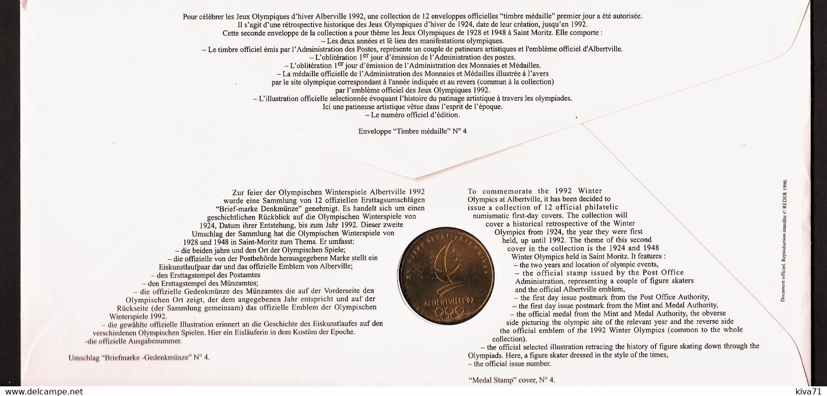 Enveloppe 1er Jour "ALBERVILLE" St Moritz 1928 1948 - Timbre Médaille 92 Monnaie De Paris - Winter 1992: Albertville