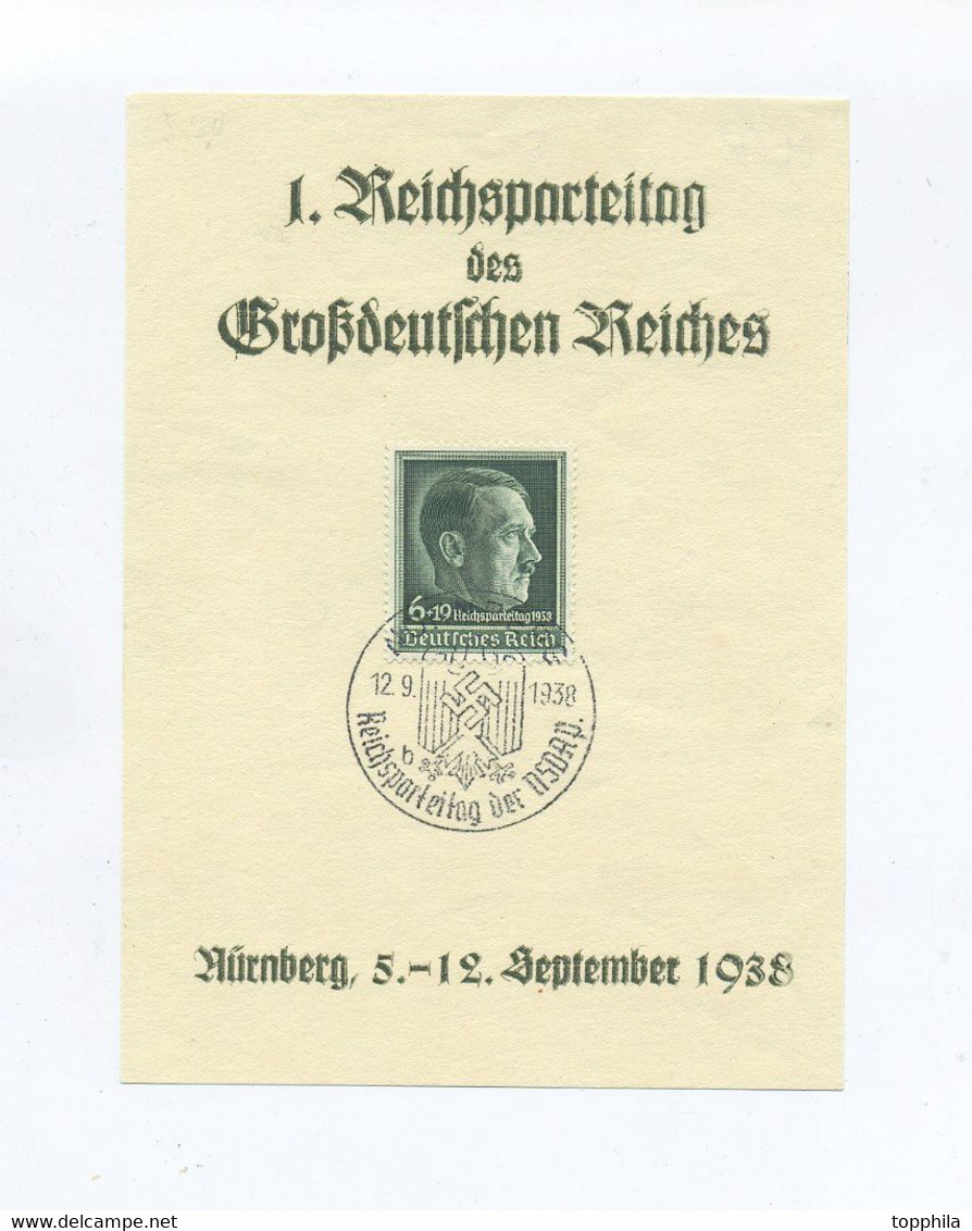 1938 3.Reich Seltenes Grünes Gedenkblatt 1. Reichsparteitag Des Großdeutschen Reiches Mit Mi 672 Mit SST Nürnberg - Lettres & Documents