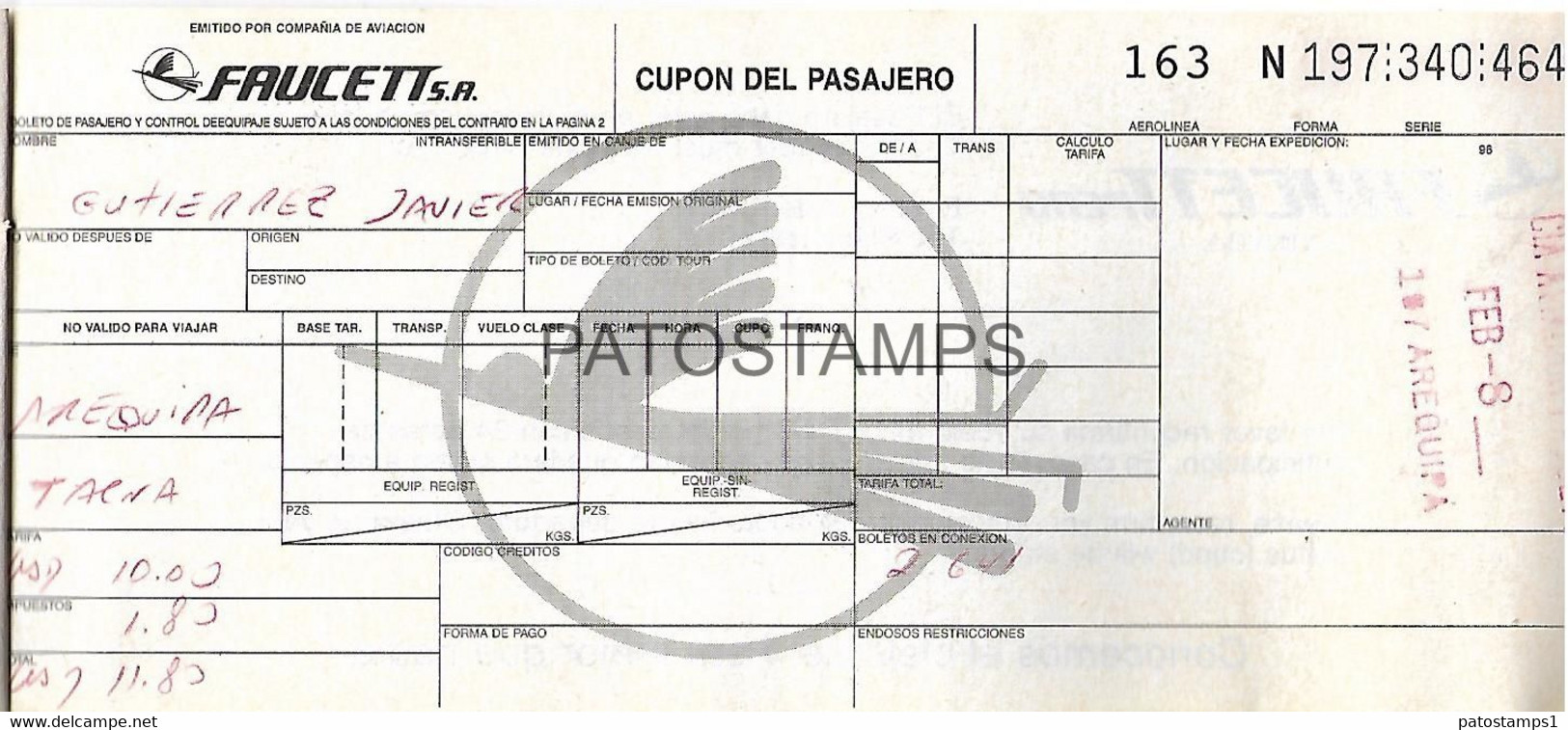 143681 PERU AVIACION AVIATION AEROLINEA FAUCETT TICKET NO POSTAL POSTCARD - Biglietti