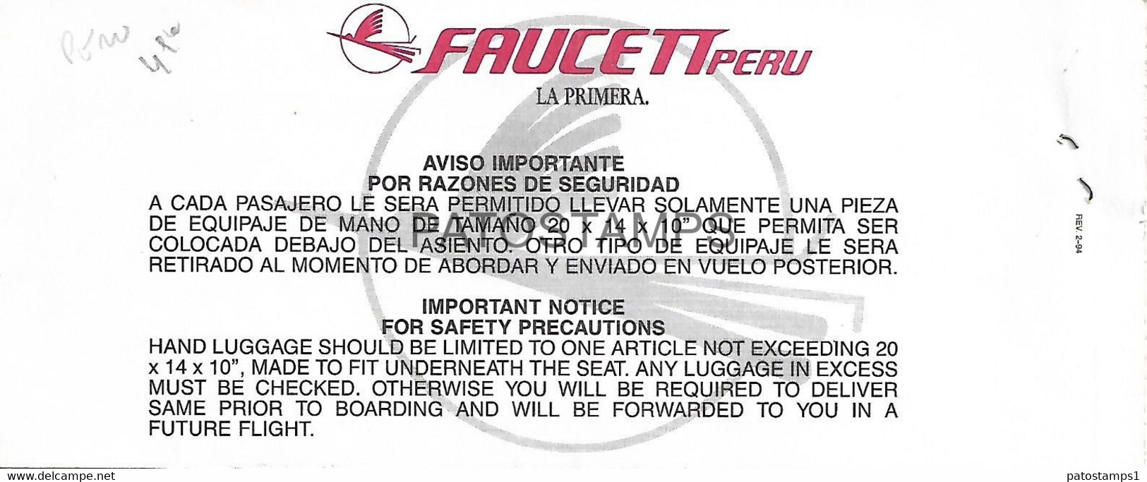 143681 PERU AVIACION AVIATION AEROLINEA FAUCETT TICKET NO POSTAL POSTCARD - Biglietti