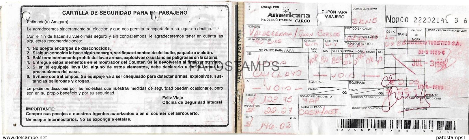 143682 PERU AVIACION AVIATION AEROLINEA AMERICANA TICKET NO POSTAL POSTCARD - Biglietti