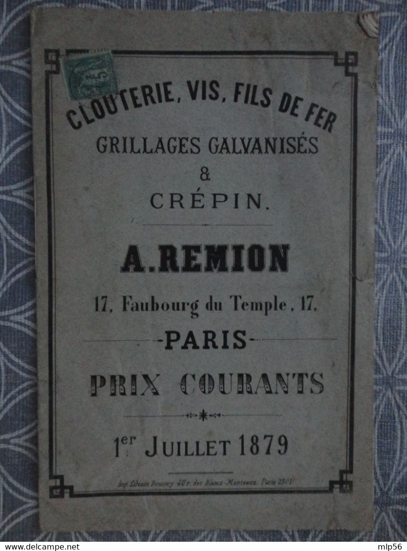 CATALOGUE TARIF CLOU VIS  OUTIL A REMION 17 FAUBOURG DU TEMPLE  PARIS 24 X 16 CM 1879 - Sonstige & Ohne Zuordnung