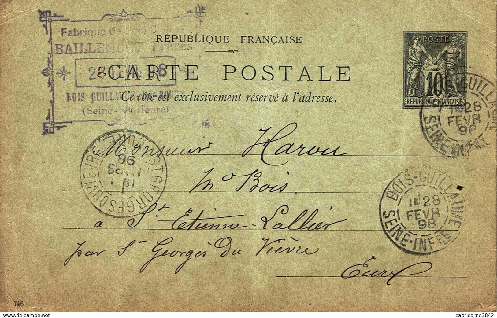 1898 - Carte Entier-postal Timbre Sage 10ct N° 89 (date 746) - Oblit. Cachet De Recette Bois Guillaume Type 17bis - Postales  Transplantadas (antes 1995)