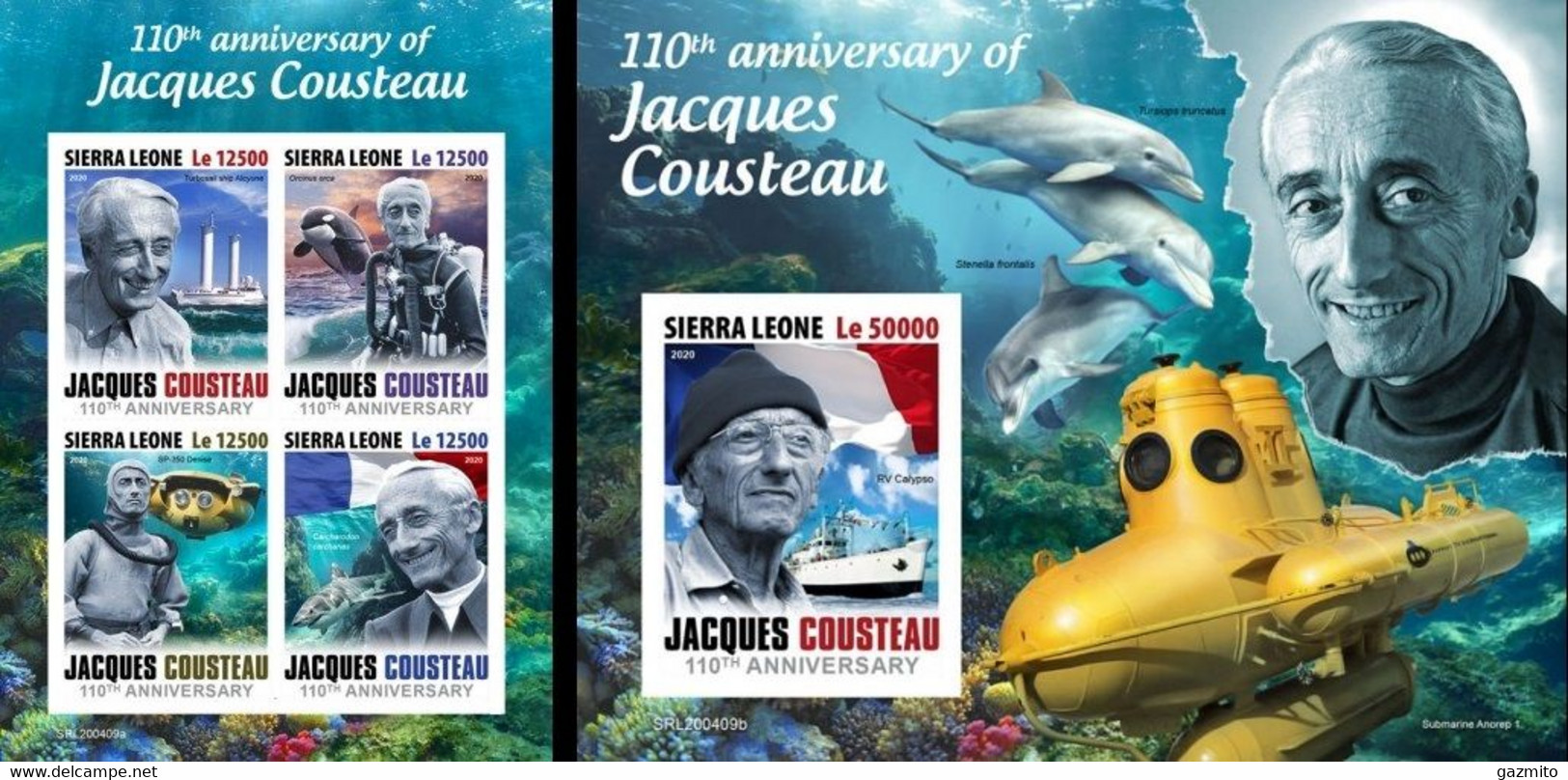 Sierra Leone 2020, Cousteau, Submarine, 4val In BF+BF IMPERFORATED - Plongée