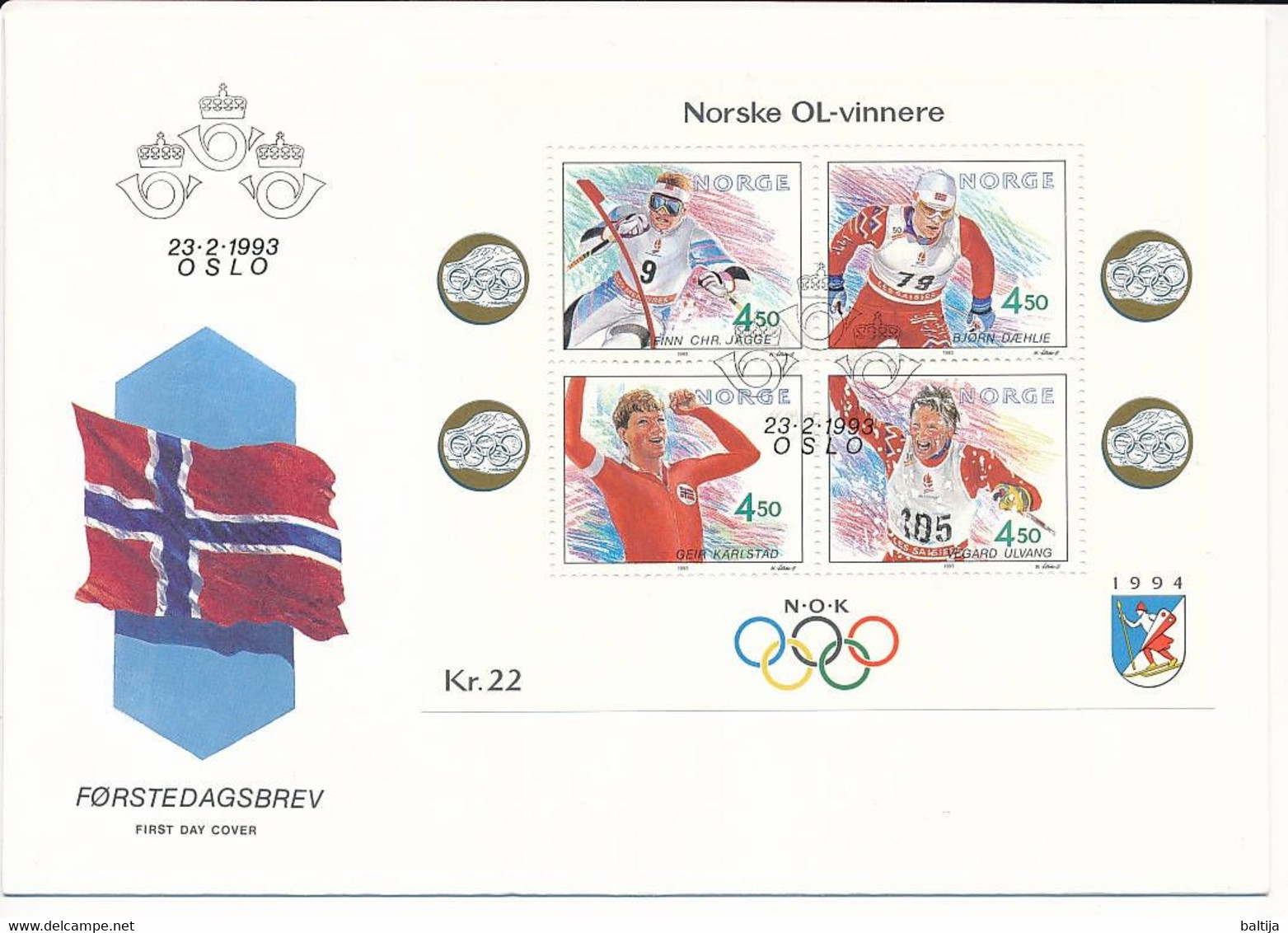 Mi Block 19 FDC / Winter Olympics Lillehammer '94, Historical Norwegian Gold Medalists  - 23 February 1993 - FDC