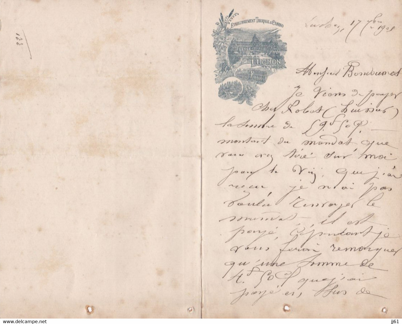 LUCHON ETABLISSEMENT THERMAL CASINO LETTRE ANNEE 1901 A MR BONDOUMET NEGOCIAN EPICIER A MONTREJEAU - Sonstige & Ohne Zuordnung