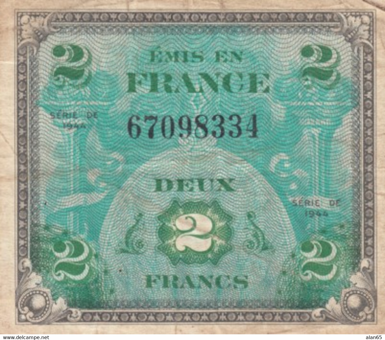 France #114a, 2 Francs 1944 Fine/Very Fine Banknote - 1944 Flag/France