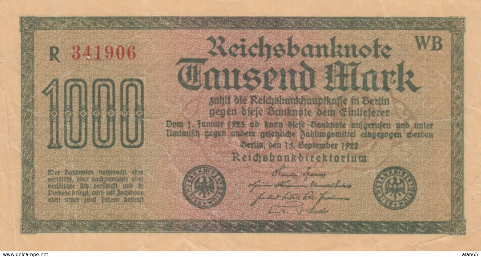 Germany #76b, 1000 Mark 1922 Very Fine Banknote - 1.000 Mark