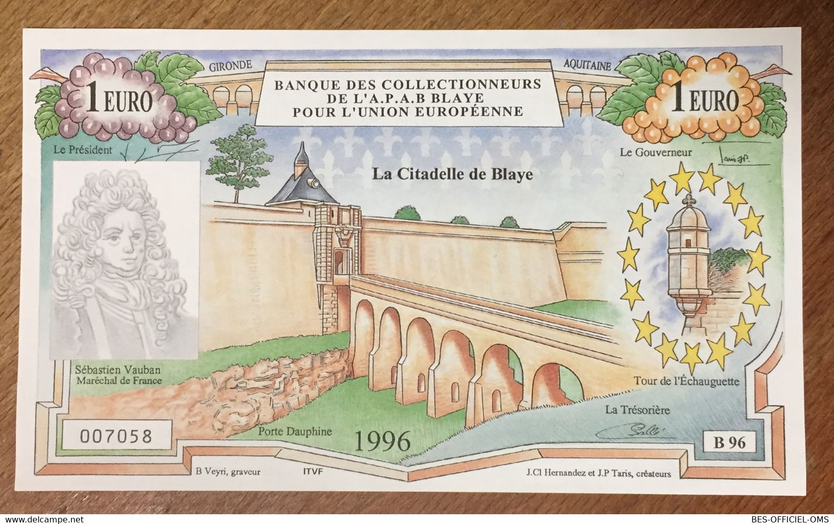 BILLET 1 EURO SOUVENIR BLAYE 1996 BNP 7 FRANCS EURO SCHEIN PAPER MONEY BANKNOTE PAPER LOCAL CURRENCY - Pruebas Privadas