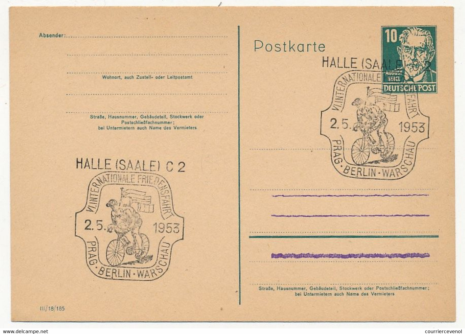 CYCLISME - DDR - Beau Cachet Illustré "Cycliste" Winterternationale Friedenfahrt Parg Berlin Warschau -2/5/1953 S/entier - Radsport