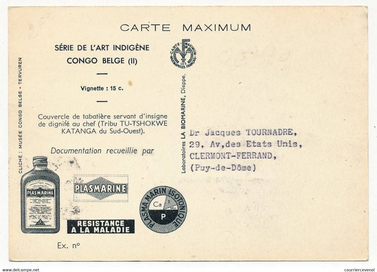 CONGO BELGE - Carte Maximum Pub Plasmarine - Série De L'Art Indigène - 15c - - Brieven En Documenten