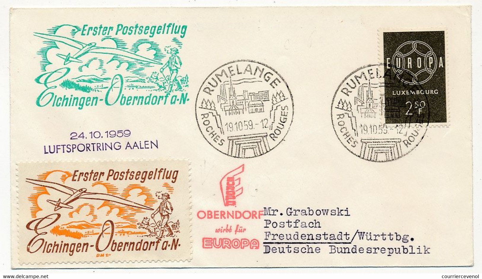 LUXEMBOURG - Env. De RUMELANGE 19/10/1959 Erster Postsegelflug Elchingen - Oberndorf A.N Avec Vignette Idem - Brieven En Documenten