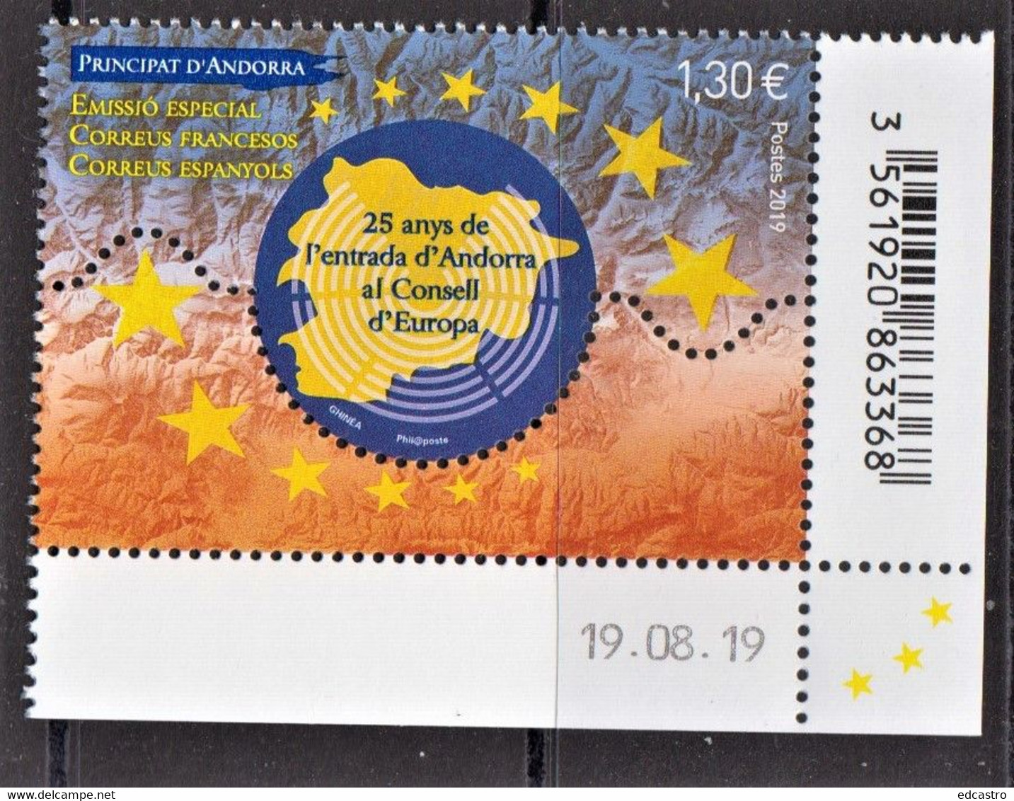 1.- FRENCH ANDORRA 2019 25 Years Since Andorra Joined The Council Of Europe - Unused Stamps