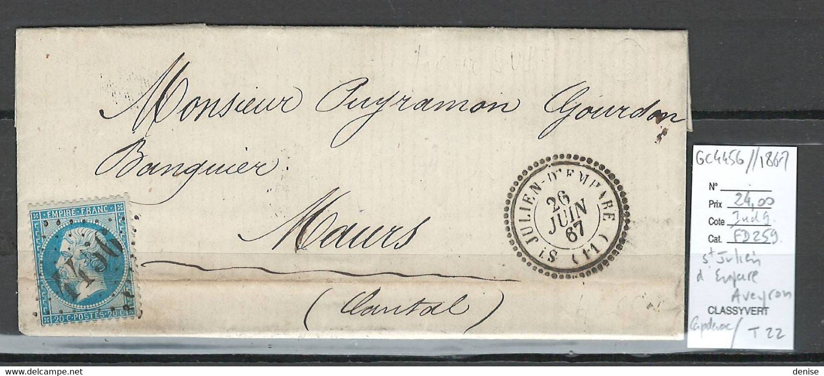 France - Lettre GC 4456 - Saint Julien D'Emparé - Aveyron + T22 -1867 - 1849-1876: Klassieke Periode