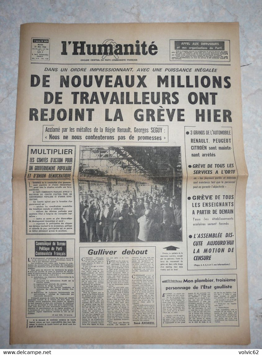 Journal Humanité Parti Communiste 21 Mai 1968 Grève Renault Peugeot Citroen ORTF Georges Seguy - 1950 - Heute