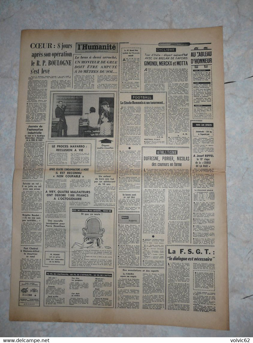 Journal Humanité Parti Communiste 21 Mai 1968 Grève Renault Peugeot Citroen ORTF Georges Seguy - 1950 - Heute