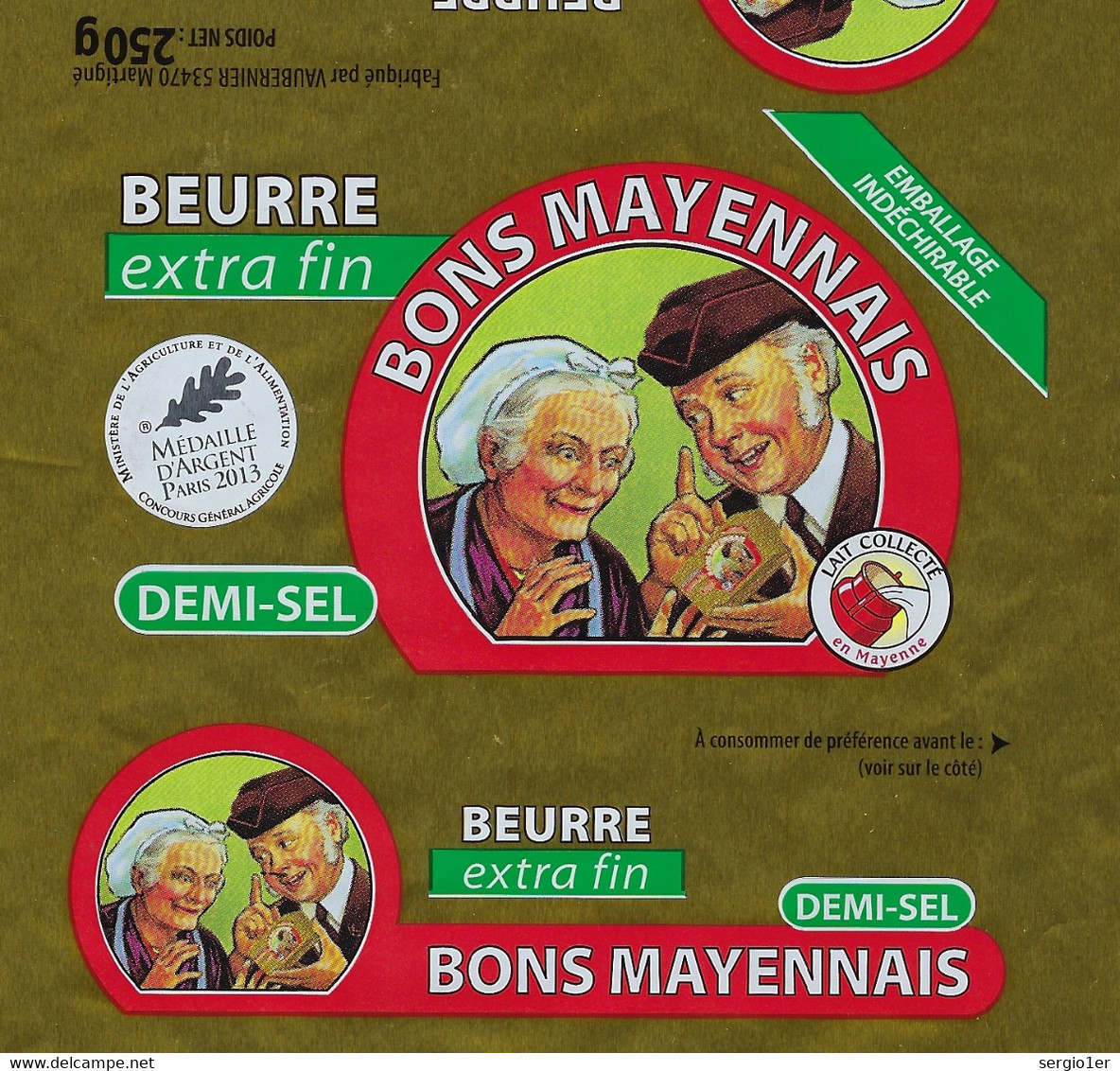 Etiquette Feuille Papier Emballage Beurre  Demi Sel Bons Mayennais  250g  Vaubernier Martigné 53 FR53146001CE - Formaggio