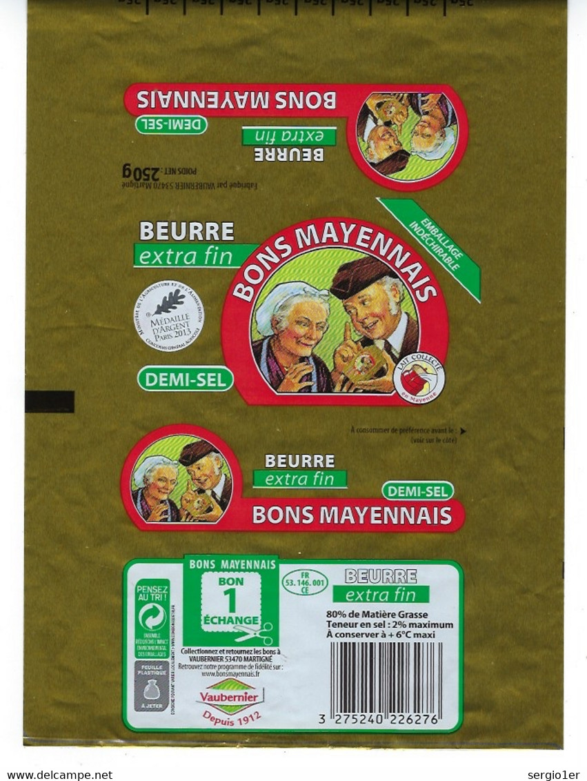 Etiquette Feuille Papier Emballage Beurre  Demi Sel Bons Mayennais  250g  Vaubernier Martigné 53 FR53146001CE - Formaggio