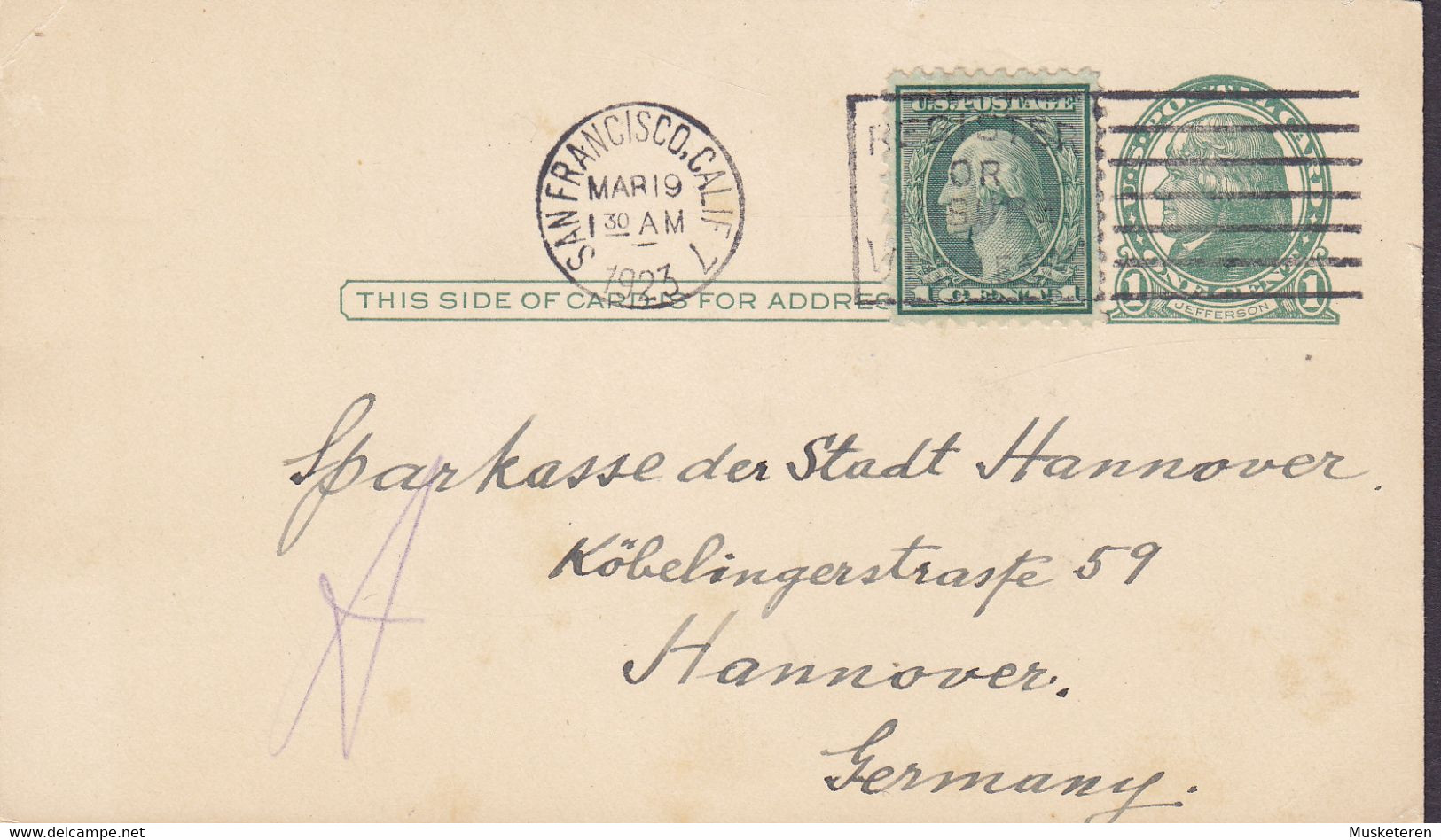 United States Uprated Postal Stationery Ganzsache Entier SAN FRANCISCO 1923 Sparkasse HANNOVER Germany (2 Scans) - 1921-40