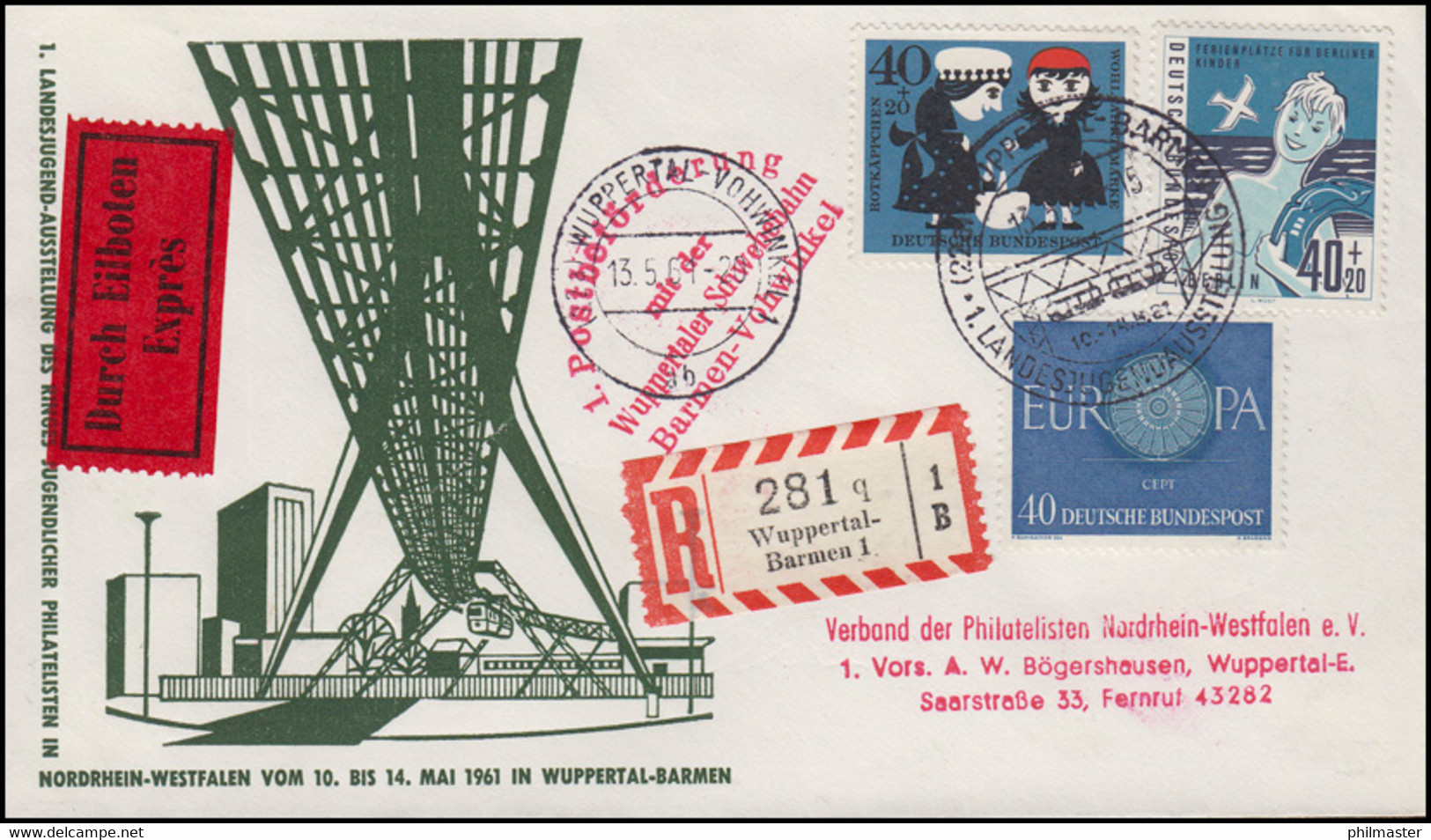 1. Postbeförderung Wuppertaler Schwebebahn MiF Eil-R-Bf SSt WUPPERTAL 13.5.61 - Autres & Non Classés