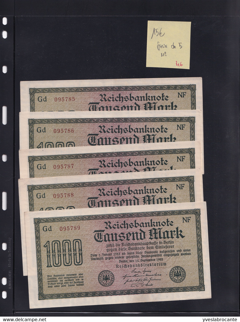 Allemagne - Reichsbanknote - Série De 5 Billets De 1000 Mark Dont Les N° Se Suivent Gd 095785 à 095789 - 1000 Mark