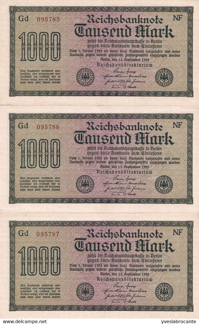 Allemagne - Reichsbanknote - Série De 5 Billets De 1000 Mark Dont Les N° Se Suivent Gd 095785 à 095789 - 1000 Mark