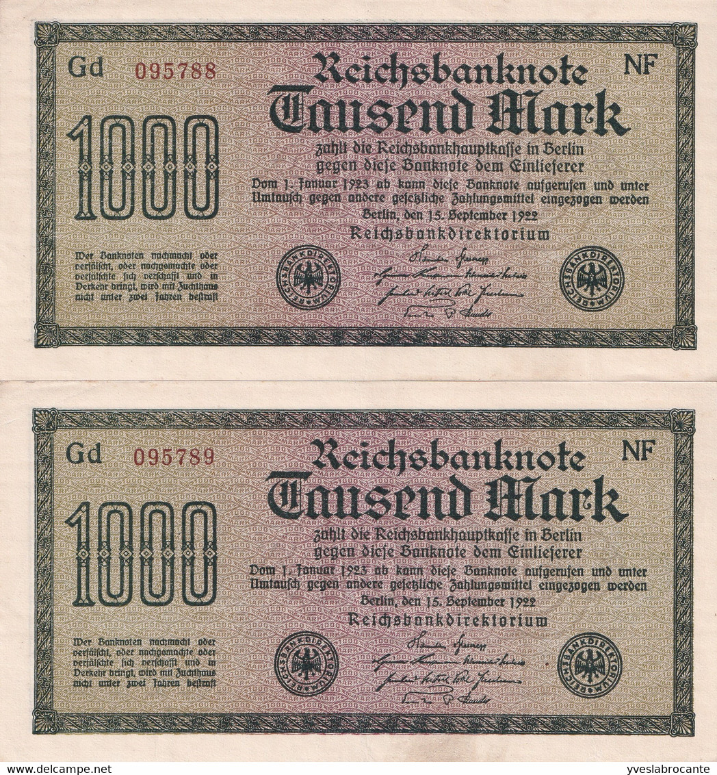 Allemagne - Reichsbanknote - Série De 5 Billets De 1000 Mark Dont Les N° Se Suivent Gd 095785 à 095789 - 1000 Mark