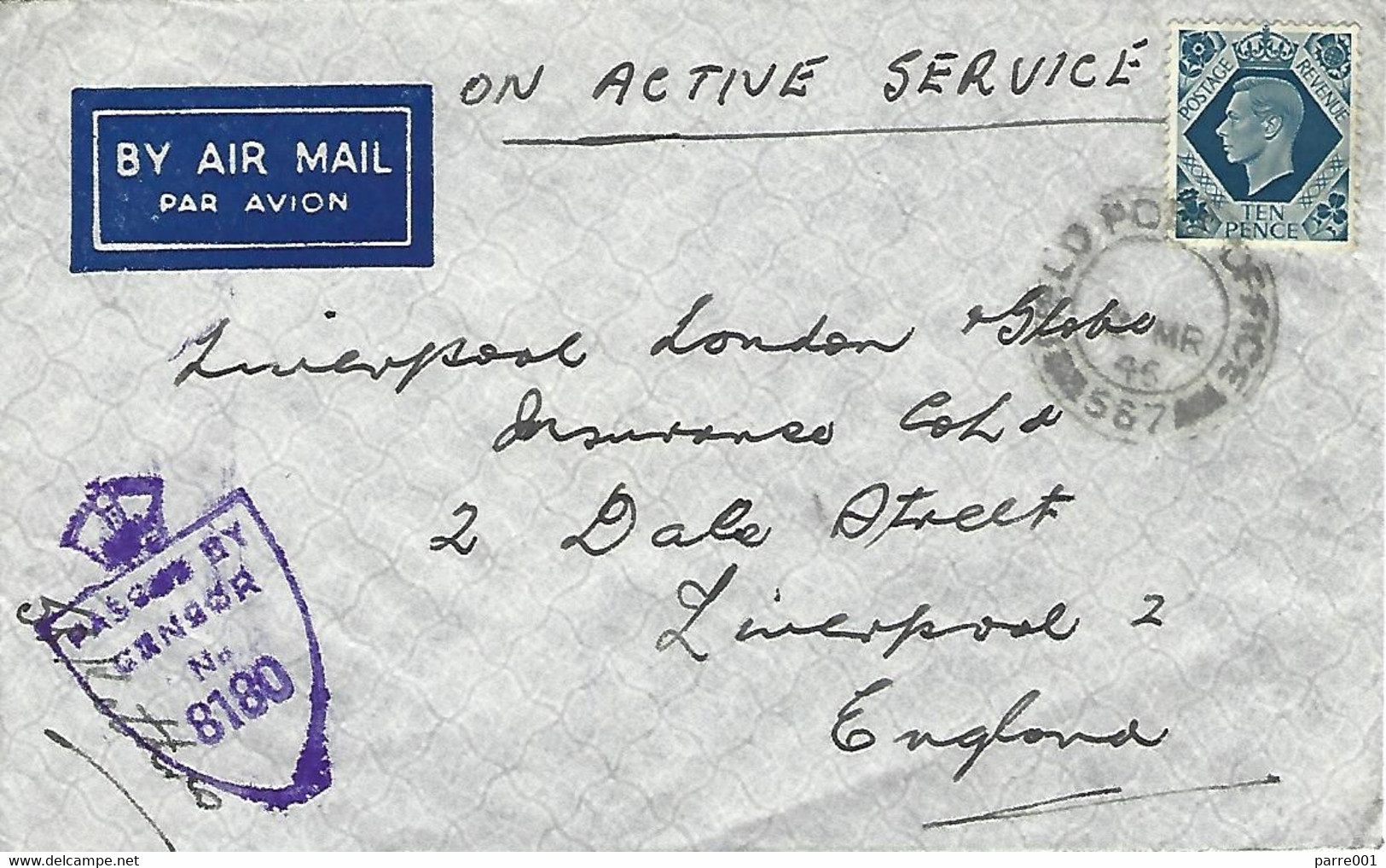 UK 1945 FPO 567 Syria Shield 8180 Censored OAS Air Mail Franked Cover. Rare - Militaria