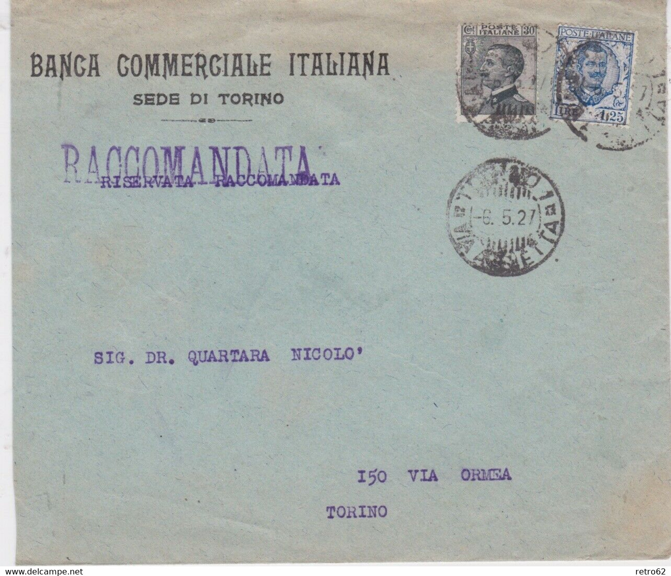 1927 Italy → Banca Commerciale Italiana Security Perfin On Turin Registered Cover - Insured