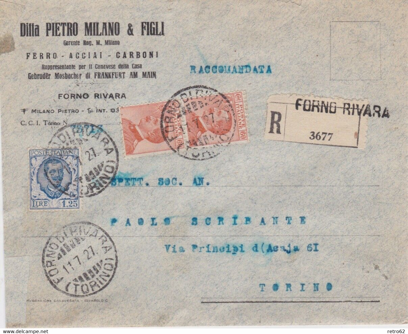 1927 Italy → 2.45 Lire On Pietro Milani & Figli Of Forno Rivara Registered Cover To Torino - Versichert