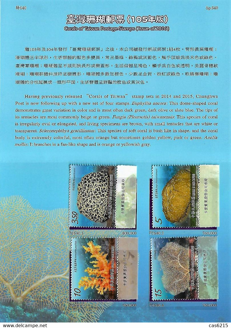 TAIWAN China  Formose 2016 Corals, 4 Val Mnh Dans Une Brochure + 1 FDC Voyagé - Marine Life