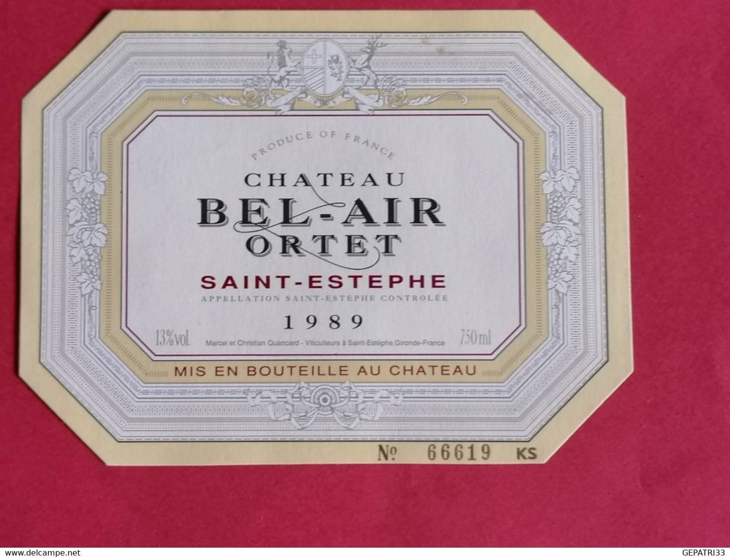 SAINT-ESTEPHE ETIQUETTE CHATEAU BEL-AIR ORTET 1989      27/09/20/ - Bordeaux